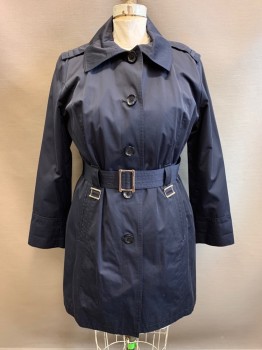 Womens, Coat, MICHAEL KORS, Navy Blue, Poly/Cotton, Acrylic, Solid, XL, 2 Piece with Matching Belt, Collar Attached, Single Breasted, Button Front, Epaulets, Gray Wool Lining, 2 Belt Loops on the Front with Silver Buckle, Silver Buckle on Belt, "Michael Kors" Engraved on All Buckles