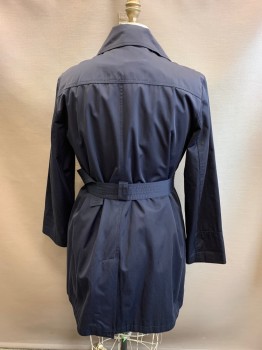 MICHAEL KORS, Navy Blue, Poly/Cotton, Acrylic, Solid, 2 Piece with Matching Belt, Collar Attached, Single Breasted, Button Front, Epaulets, Gray Wool Lining, 2 Belt Loops on the Front with Silver Buckle, Silver Buckle on Belt, "Michael Kors" Engraved on All Buckles