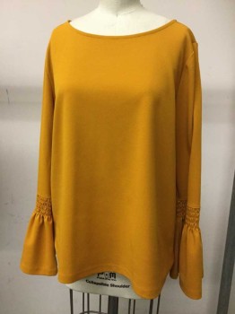 Womens, Blouse, Ann Taylor, Goldenrod Yellow, Polyester, Solid, M, Long Sleeves, Wide Neck, Crepe Knit, Elastic Smocking Cuffs