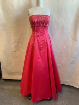 Womens, Evening Gown, CACHE, Fuchsia Pink, Polyester, Solid, 2, Strapless, Silver/Clear/Pink Beading, Squiggly Lines of Beading/Sequins From Bust, Lace Up Back, Zip Back, A-line, Layers of Tulle Underneath, Multiple