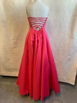 Womens, Evening Gown, CACHE, Fuchsia Pink, Polyester, Solid, 2, Strapless, Silver/Clear/Pink Beading, Squiggly Lines of Beading/Sequins From Bust, Lace Up Back, Zip Back, A-line, Layers of Tulle Underneath, Multiple