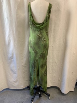 Womens, Cocktail Dress, FOX911, Green, Lt Green, Olive Green, Polyester, Abstract , W:30, B:36, Cowl Neckline, Sleeveless, Olive Green Spray Paint-Like Areas, Lt Green Crack Pattern, Beaded Flowers, Low Cowl Back, Hem Shorter at Center and Longer at Outer Sides