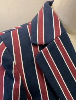 Womens, Blazer, FRAME, Navy Blue, Red Burgundy, White, Cotton, Polyester, Stripes - Horizontal , Sz.2, Twill, 1 Fabric Button, Notched Lapel, Fitted, 2 Pockets, Padded Shoulder, Navy Lining, Multiple