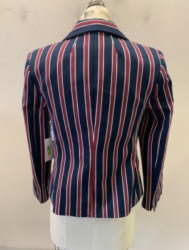 Womens, Blazer, FRAME, Navy Blue, Red Burgundy, White, Cotton, Polyester, Stripes - Horizontal , Sz.2, Twill, 1 Fabric Button, Notched Lapel, Fitted, 2 Pockets, Padded Shoulder, Navy Lining, Multiple