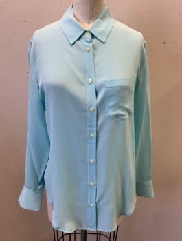 MADEWELL, Baby Blue, Silk, Solid, Long Sleeves, Button Front, Collar Attached, 1 Patch Pocket
