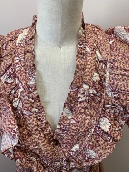 ULLA JOHNSON, Red Burgundy, Taupe, Off White, Purple, Cotton, Floral, V-N with Ruffle At Shoulder/Front/& Back Yoke, Cap Sleeves, Drawstring Waist, Flounced Skirt, Hem Mid-calf