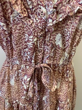 ULLA JOHNSON, Red Burgundy, Taupe, Off White, Purple, Cotton, Floral, V-N with Ruffle At Shoulder/Front/& Back Yoke, Cap Sleeves, Drawstring Waist, Flounced Skirt, Hem Mid-calf