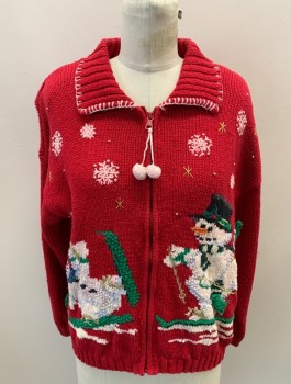 Womens, Sweater, TIARA, Ruby Red, Multi-color, Ramie, Cotton, Holiday, S, L/S, Zip Front With Pom Pom Pull, Rib Knit Bodice, Large Rib Knit Collar, White Top Stitch On Collar, Skiing Snowman And Snowflake Embroidery