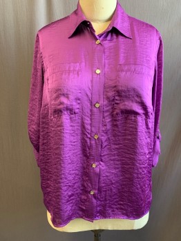 MICHAEL KORS, Purple, Polyester, Solid, Crushed Satin, Gold Button Front, 2 Pockets, Long Sleeves, Button Cuff, Sleeve Button Tabs for Roll Up