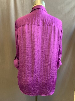 Womens, Blouse, MICHAEL KORS, Purple, Polyester, Solid, 1X, Crushed Satin, Gold Button Front, 2 Pockets, Long Sleeves, Button Cuff, Sleeve Button Tabs for Roll Up