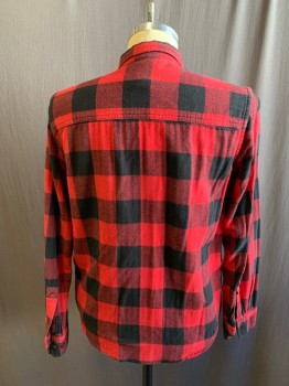 STAPLEFORD, Red, Black, Cotton, Check , Buffalo Plaid, Flannel, Button Front, Collar Attached, 2 Flap Pockets, Long Sleeves, Button Cuff, Multiple