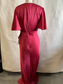 Womens, Evening Gown, IENA , Mauve Pink, Polyester, Solid, 6, Deep V-N, Ruffle S/S, Long Below Knee, Zipper