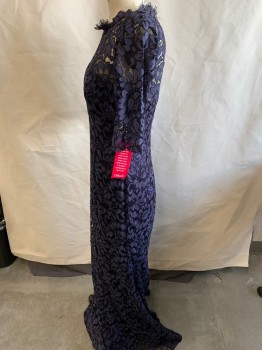 Womens, Evening Gown, ELIZA, Navy Blue, Cotton, Rayon, Floral, 8, Lace, CN, 3/4 Sleeve, Strapless A-line Navy Underlining Structure, Zipper At Back, Seams, Open V-back