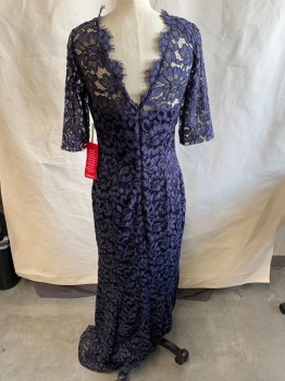 Womens, Evening Gown, ELIZA, Navy Blue, Cotton, Rayon, Floral, 8, Lace, CN, 3/4 Sleeve, Strapless A-line Navy Underlining Structure, Zipper At Back, Seams, Open V-back