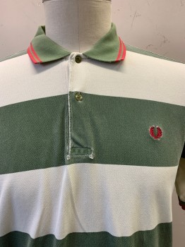 Fred Perry, White, Olive Green, Hot Pink, Cotton, Stripes - Horizontal , S/S, 2 Buttons, Collar Attached