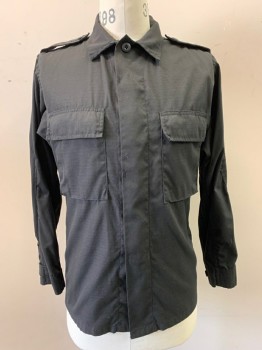 TRU SPEC, Black, Poly/Cotton, Solid, Tactical Shirt, Collar Attached, Button Front, Long Sleeves, 2 Pockets, Epaulets