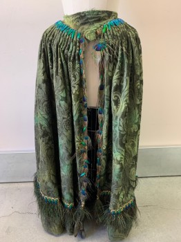 PERIOD CORSETS, Green, Dk Green, Cotton, Tapestry, Mottled, Overskirt - Split CF, Iridescent Beetle Wings on Top of Cartridge Pleats, Peacock Feathers/Gold Trim/Beetle Wings at Hem