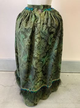 Womens, Historical Fiction Piece 3, PERIOD CORSETS, Green, Dk Green, Cotton, Tapestry, Mottled, W24, Overskirt - Split CF, Iridescent Beetle Wings on Top of Cartridge Pleats, Peacock Feathers/Gold Trim/Beetle Wings at Hem