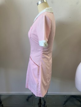 Womens, Waitress/Maid, WHITE SWAN, Pink, White, Polyester, Color Blocking, W28, B38, 90s Zip Front, C.A., 3 Pckts, Cuffed S/S, Color,cuffs And Breast Pckt, Are Trimmed In Rickrack
