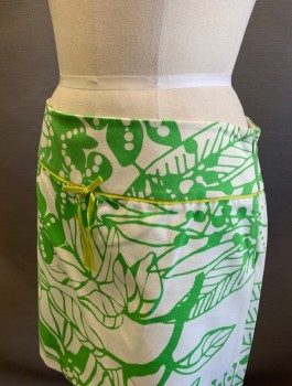 Womens, Skirt, Mini, J CREW, White, Lime Green, Cotton, Abstract , Floral, Sz.4, Dropped Waist With 3" Wide Yoke/Waistband, Chartreuse Grosgrain Ribbon Trim With Bow At Front, Invisible Zipper At Side, Retro Y2K Inspired