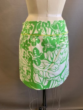 Womens, Skirt, Mini, J CREW, White, Lime Green, Cotton, Abstract , Floral, Sz.4, Dropped Waist With 3" Wide Yoke/Waistband, Chartreuse Grosgrain Ribbon Trim With Bow At Front, Invisible Zipper At Side, Retro Y2K Inspired