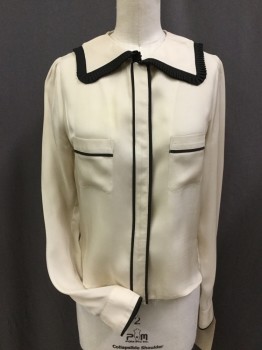 H&M, Cream, Black, Polyester, Solid, Button Front Concealed Buttons, Placket Trimmed in Black, Exaggerated Collar Attached with Black Pleated Ruffle Trim, Long Sleeves with Button Cuffs Edged in Black, 2 Pocket with Black Trim