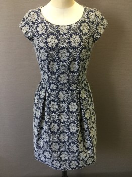 Womens, Dress, Short Sleeve, BODEN, Navy Blue, Gray, Off White, Polyester, Cotton, Floral, 2R, Navy with Gray & White Raised Texture Circle Floral Print, Navy Lining, Round Neck,  Cap Sleeves, 2 Big Pleats Front and Gather Waist Back, 2 Side Pockets, Zip Back,
