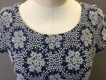 Womens, Dress, Short Sleeve, BODEN, Navy Blue, Gray, Off White, Polyester, Cotton, Floral, 2R, Navy with Gray & White Raised Texture Circle Floral Print, Navy Lining, Round Neck,  Cap Sleeves, 2 Big Pleats Front and Gather Waist Back, 2 Side Pockets, Zip Back,