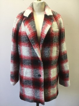 MADEWELL, Red, White, Black, Wool, Polyester, Plaid, Flannel, Single Breasted, 2 Button Front, C.A., Notched Lapel, 3 Pckts, Raglan L/S,