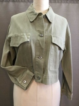 Womens, Casual Jacket, ZARA, Lt Olive Grn, Cotton, Solid, M, JACKET:  Light Olive Twill, Collar Attached, 4 Silver Button Front, 2 Large Patch Pockets W/flap, Long Sleeves,