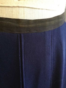 N/L, Navy Blue, Dk Brown, Wool, Solid, 3/4" Wide Dark Brown Twill Waistband, Gored Panels That Merge Into Knife Pleats, 2 Rows Of 1.5" Wide Navy Trim At Hem, Hook & Eye Closures At Center Back Waist, **Stains and Wear At Hem , Several Mends Near Hook&eye Closures In Back,