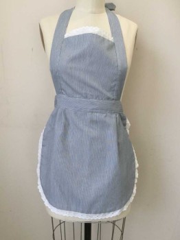 Navy Blue, White, Polyester, Stripes - Micro, Ladies Maid/waitress, Vertical Stripe, Rounded Skirt, All Over Eyelet Trim Multiples,
