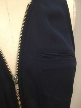 THE KOOPLES, Navy Blue, Silk, Solid, Silk Chiffon, Sleeveless, Silver Zip At Center Front, 1 Small Welt Pocket At Chest