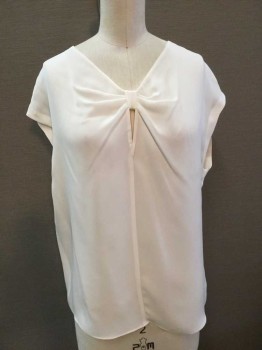REBECCA TAYLOR, Cream, Silk, Solid, V-neck with Keyhole Detail, Short Cap Sleeves