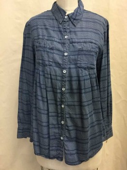 Style & Co, Denim Blue, White, Rayon, Stripes, Button Front, Collar Attached,  Long Sleeves, 2 Pockets, Pleated Detail