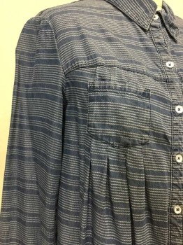 Style & Co, Denim Blue, White, Rayon, Stripes, Button Front, Collar Attached,  Long Sleeves, 2 Pockets, Pleated Detail