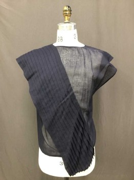 NO LABEL, Navy Blue, Cotton, Solid, Sheer, Sleeveless, No Collar, Center Back Keyhole, Pleated Sash Attached Panel