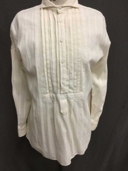 N/L, Cream, Cotton, Stripes - Vertical , Self Vertical Ribbed/Stripe Texture, Long Sleeves, Soft Collar Attached, 5 Button Semi Open Front, Vertical Pleats At Center Front, Center Back, & Sleeves