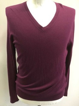 Mens, Pullover Sweater, BANANA REPUBLIC, Red Burgundy, Silk, Cotton, Solid, M, V-neck, Long Sleeves,