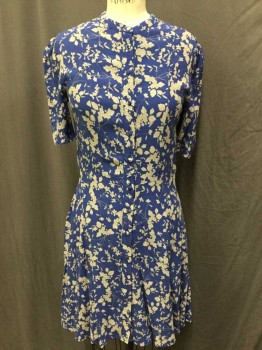 H & M, Blue, Ecru, Gray, Viscose, Floral, Round Neck W/trim, Cover Button Front, Short Sleeves, Flair Bottom