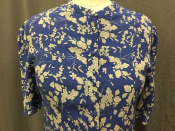 H & M, Blue, Ecru, Gray, Viscose, Floral, Round Neck W/trim, Cover Button Front, Short Sleeves, Flair Bottom