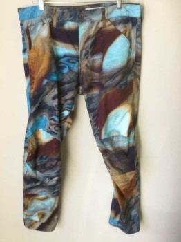 Mens, Casual Pants, G STAR RAW, Multi-color, Cotton, Abstract , Ins:32, W:36, Swirled "Painting" Pattern, Zip Fly, 5 Pocket, Skinny Leg with Panelled Knees
