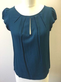 Womens, Top, ZARA, Dk Blue, Viscose, Polyester, Solid, XS, Puffy Cap Sleeve with Gathers at Shoulder Seams, Scoop Neck, Tear Shaped Key Hole/Cut Out at Center Front Bust, with Pleats/Gathers Radiating Out From Neckline, Pullover, with Gold Zipper at Center Back Neck
