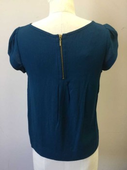 Womens, Top, ZARA, Dk Blue, Viscose, Polyester, Solid, XS, Puffy Cap Sleeve with Gathers at Shoulder Seams, Scoop Neck, Tear Shaped Key Hole/Cut Out at Center Front Bust, with Pleats/Gathers Radiating Out From Neckline, Pullover, with Gold Zipper at Center Back Neck
