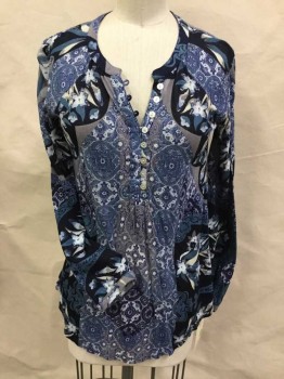 Womens, Top, LUCKY, Navy Blue, Purple, Slate Blue, Lt Blue, Gray, Cotton, Synthetic, Novelty Pattern, Floral, XS, Navy/ Purple/ Slate Blue/ Light Blue/ Gray Novelty & Floral Print, V-neck, Henley Neck, Long Sleeves,