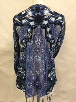 Womens, Top, LUCKY, Navy Blue, Purple, Slate Blue, Lt Blue, Gray, Cotton, Synthetic, Novelty Pattern, Floral, XS, Navy/ Purple/ Slate Blue/ Light Blue/ Gray Novelty & Floral Print, V-neck, Henley Neck, Long Sleeves,