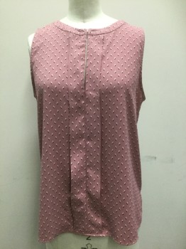 ANN TAYLOR, Mauve Pink, Navy Blue, White, Polyester, Novelty Pattern, Poly Crepe, Crew Neck with Slit, Pleat Detail at Center Front, Shell