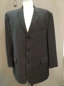 Mens, Suit, Jacket, DKNY, Dk Brown, Charcoal Gray, Wool, Nylon, Plaid, 46R, 3 Button Single Breasted, 2 Pockets with Flap, 1 Welt Pocket, Ghost Plaid, Some Sun Damage to Shoulders