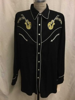 Mens, Western, SCULLY, Black, White, Polyester, Rayon, Solid, Novelty Pattern, XXL, White Piping Trim, Yellow/ Silver Guitar Yolk Embroidery, Pink & Red Embroiderred Back Yolk, Metallic Musical Note Embroidery, Doubles,