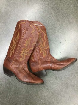 Mens, Cowboy Boots , JUSTIN, Brown, Red, Yellow, Leather, Abstract , 10, Brown, Reptile/Snakeskin Texture on Foot, Red and Yellow Embroidery, 2" Cuban Heel